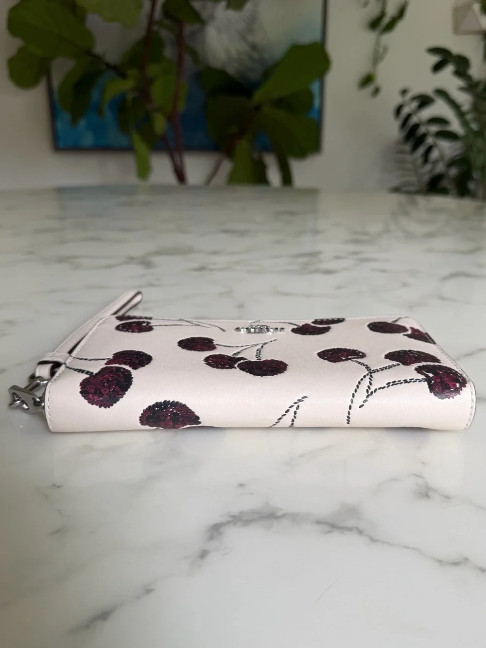 NWT Coach Long Zip Around Wallet With Cherry Print Chalk Leather CDE92